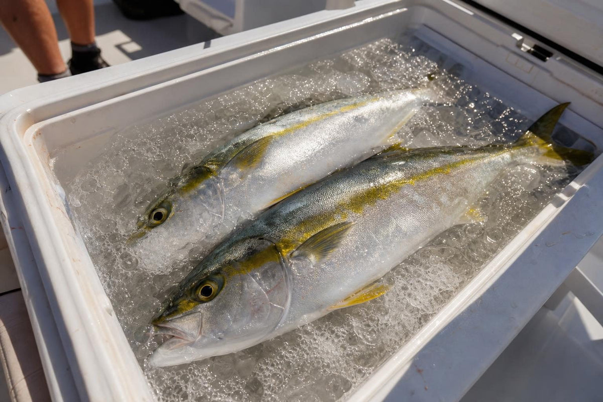 Bled fish chilling in an ice slurry of crushed ice and seawater to prevent tuna burn