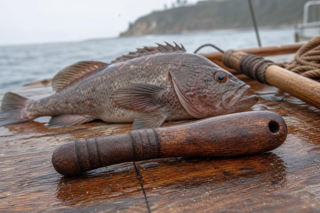 Wooden fisherman's priest on a wet boat deck next to a rockfish and a bamboo gaff