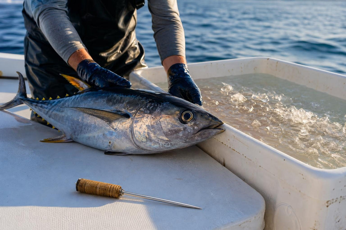 Angler lifting a freshly caught tuna into an ice slurry cooler on a sportfishing boat, with a Calcutta bamboo tuna spike on deck